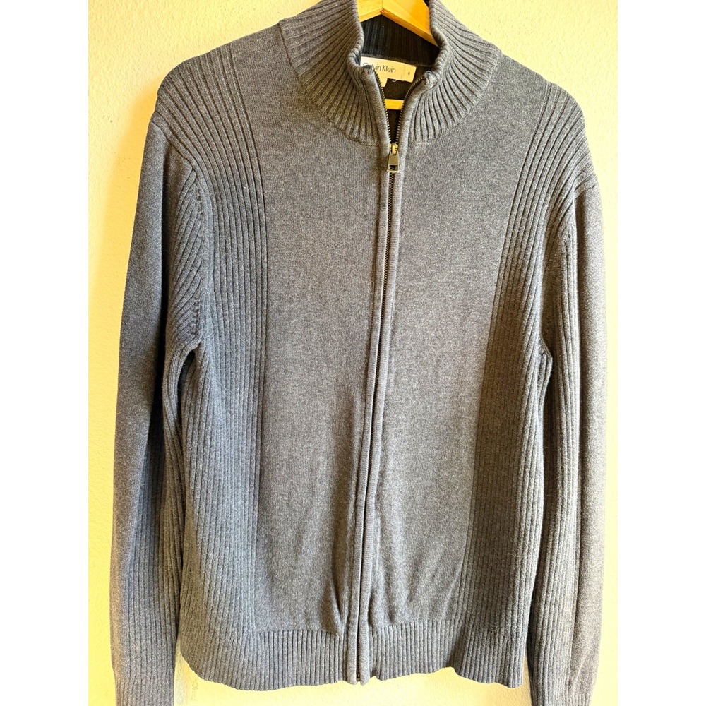 Calvin Klein Men's Gray Cable-Knit Cotton Full Zip Mock Neck Sweater Size Medium